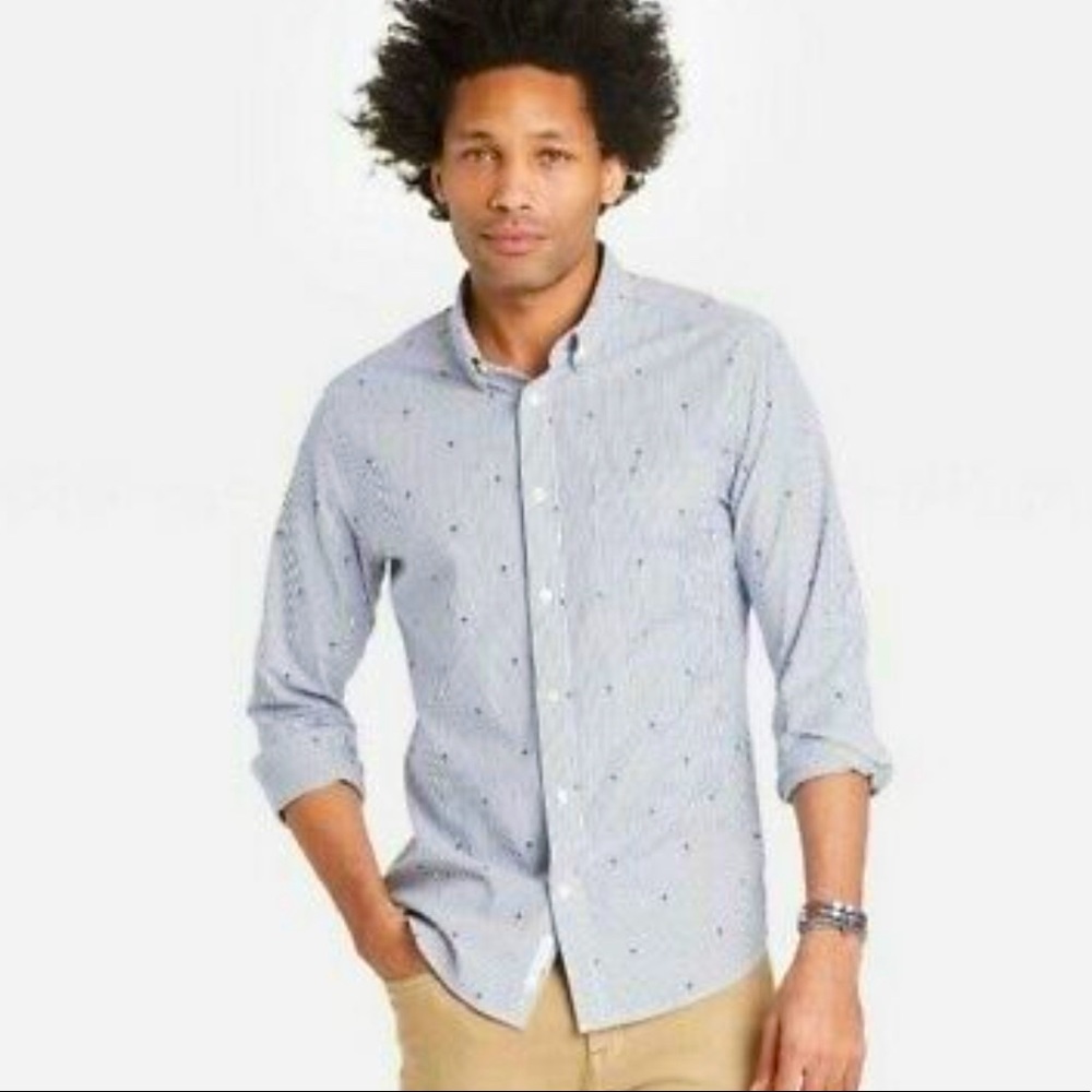 Goodfellow and Co Striped Buttondown with palm tree design, size Large